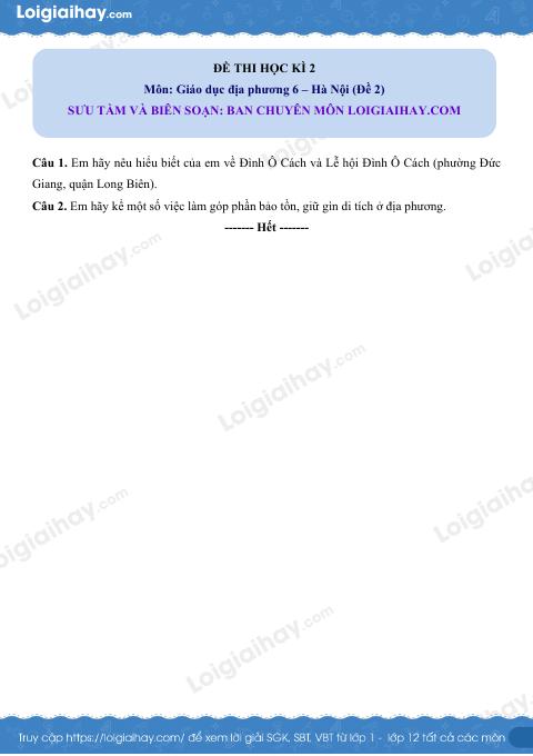 Đề thi HK2 GDĐP 6 Hà Nội - Đề 2 - loigiaihay.com